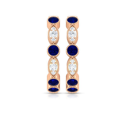 1 CT Blue Sapphire and Diamond Hoop Earrings, Blue Sapphire Vintage Earrings, Ho