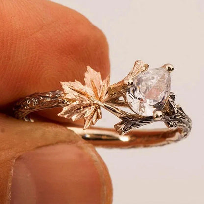 Vintage Maple Leaves Ring Women'S Fashion Rose Gold Twig Leaf Moonstone Ring Set