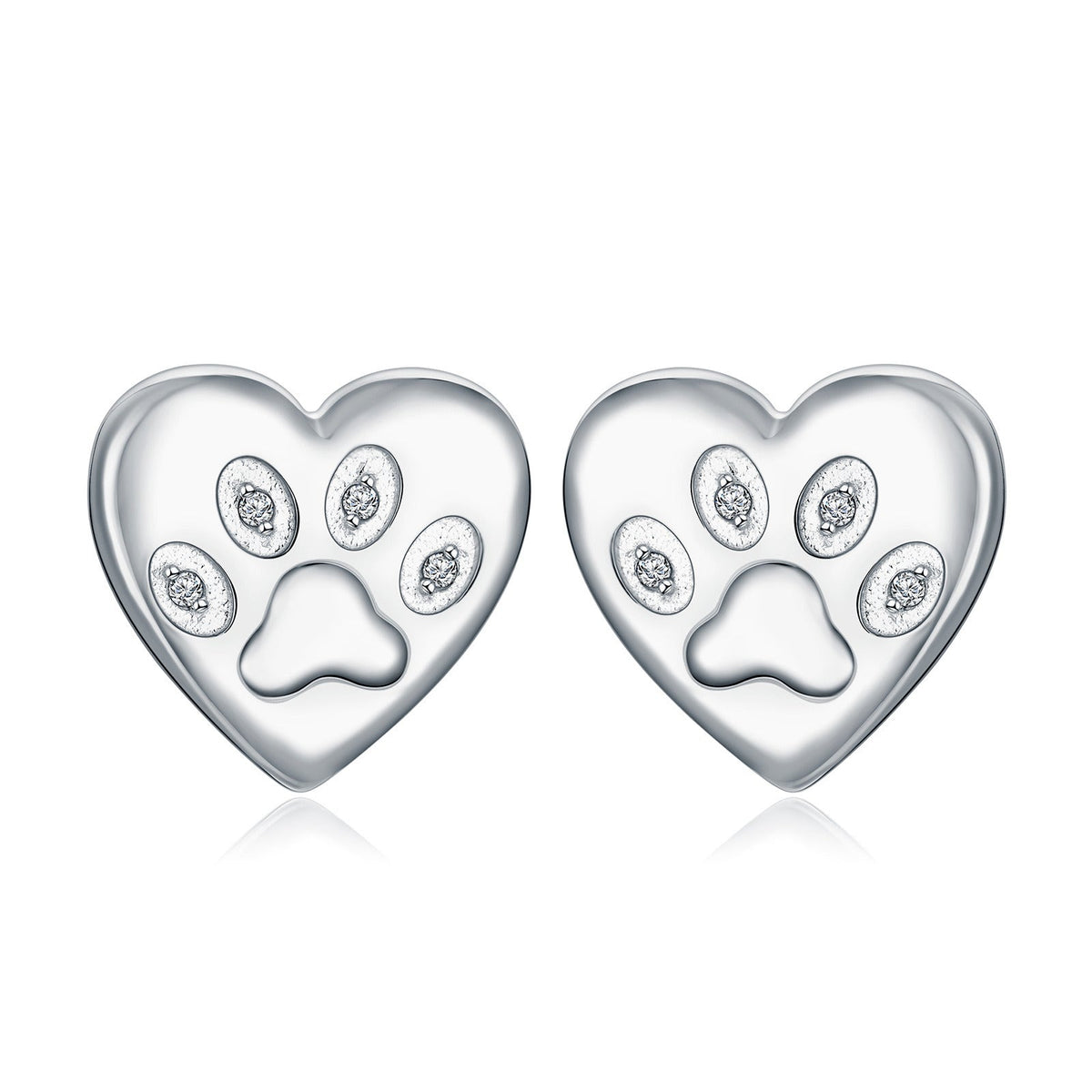 Paw Earrings Stud with Diamonds in White Gold Plated Sterling Silver