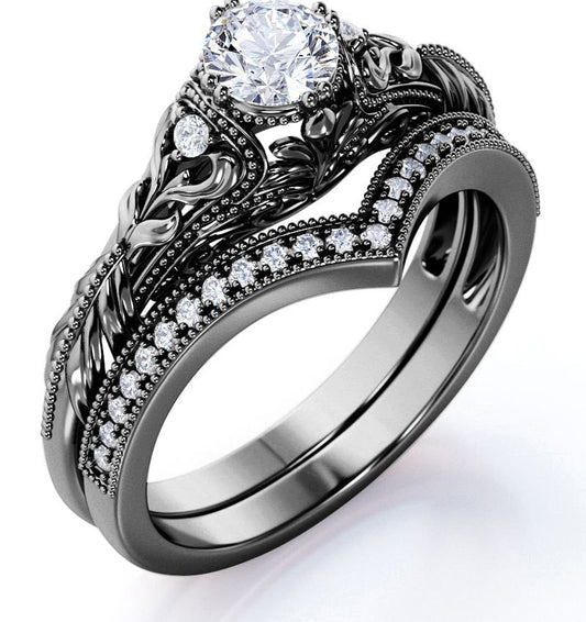 Engraved .68 Carat round Cut Real Diamond Victorian-Inspired Wedding Ring Set wi