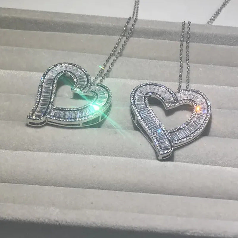 Luxury Silver White Topaz Heart Pendant Chain Necklace Women Sparkling Princess-