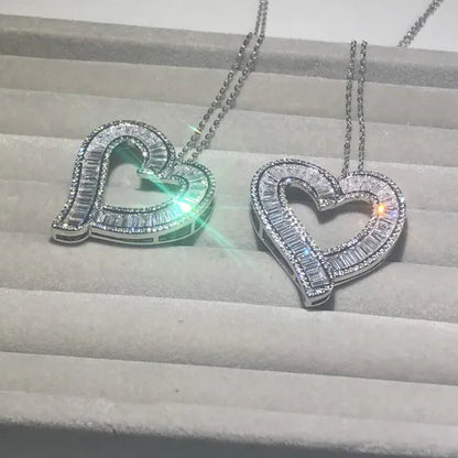 Luxury Silver White Topaz Heart Pendant Chain Necklace Women Sparkling Princess-