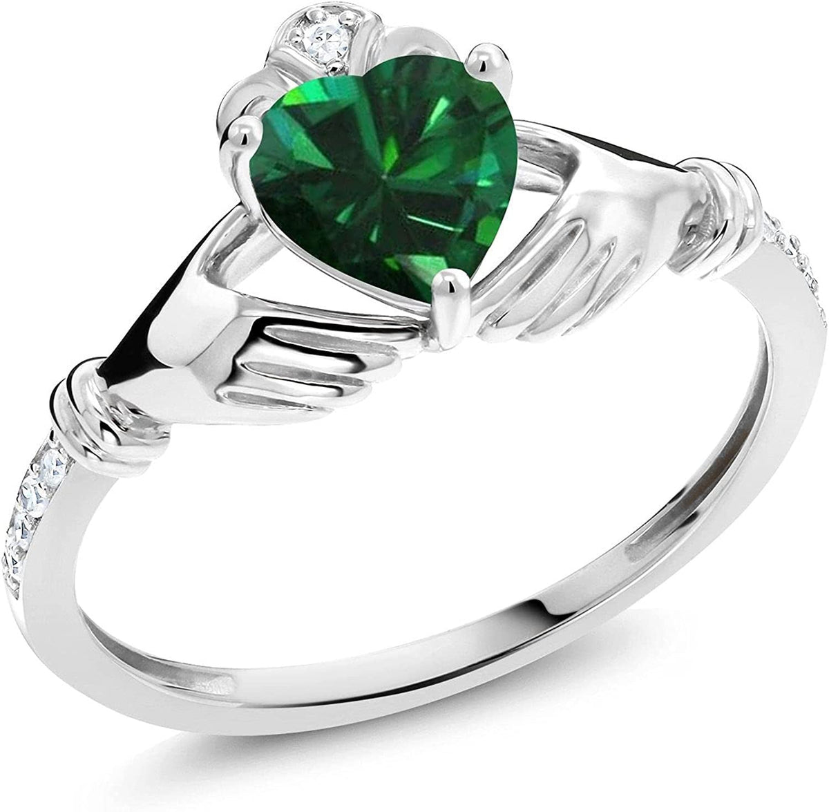 10K White Gold Green Simulated Emerald and White Diamond Irish Celtic Claddagh R