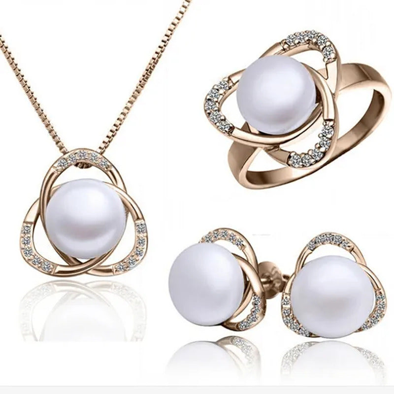 Flowers Bead Inlay Stud Alloy Earrings Necklace Ring Set for Women