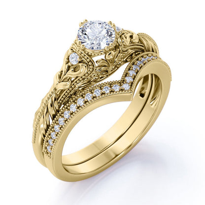 Engraved .68 Carat round Cut Real Diamond Victorian-Inspired Wedding Ring Set wi
