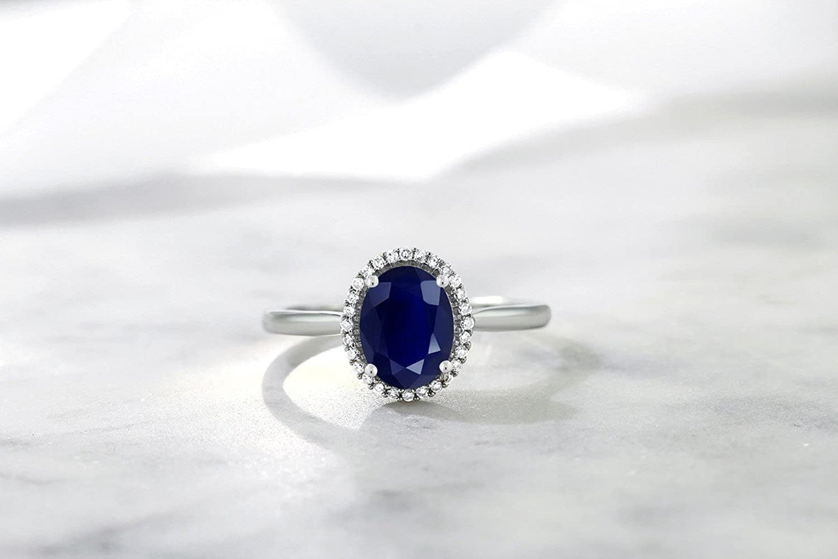 10K White Gold Blue Sapphire and White Diamond Women’S Halo Engagement Ring (1.7