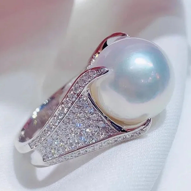 Luxury Noble 925 Solid Silver Micro Pave Diamond 4 Prong Setting Natural Pearl R