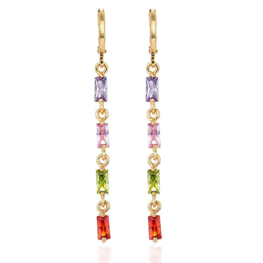 Women Rainbow Cubic Zirconia CZ Linear Dangle Earrings Jewelry