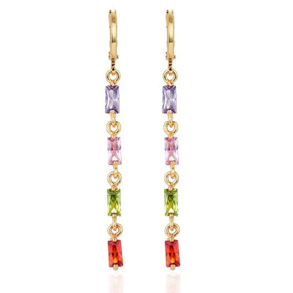 Women Rainbow Cubic Zirconia CZ Linear Dangle Earrings Jewelry