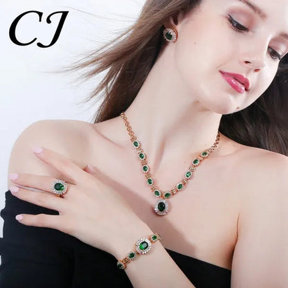 CANDICE Dubai Wedding 4 Pieces Set Elegant Red Zirconia Paved Yellow Gold Plated Engagement Party Ring Earrings Bracelet Necklace Sets For Women