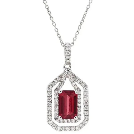 Fashion Jewelry Gemstone Erectangle Ruby 925 Sterling Silver Diamonds Pendant Necklace