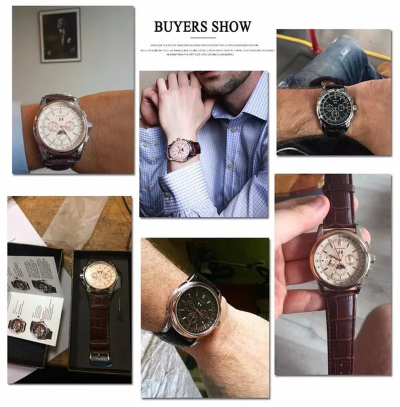 Forsining Moon Phase Shanghai Movement Rose Gold Case Brown Bracelet en cuir véritable Montres pour hommes Top Brand Luxury Auotmatic Watch