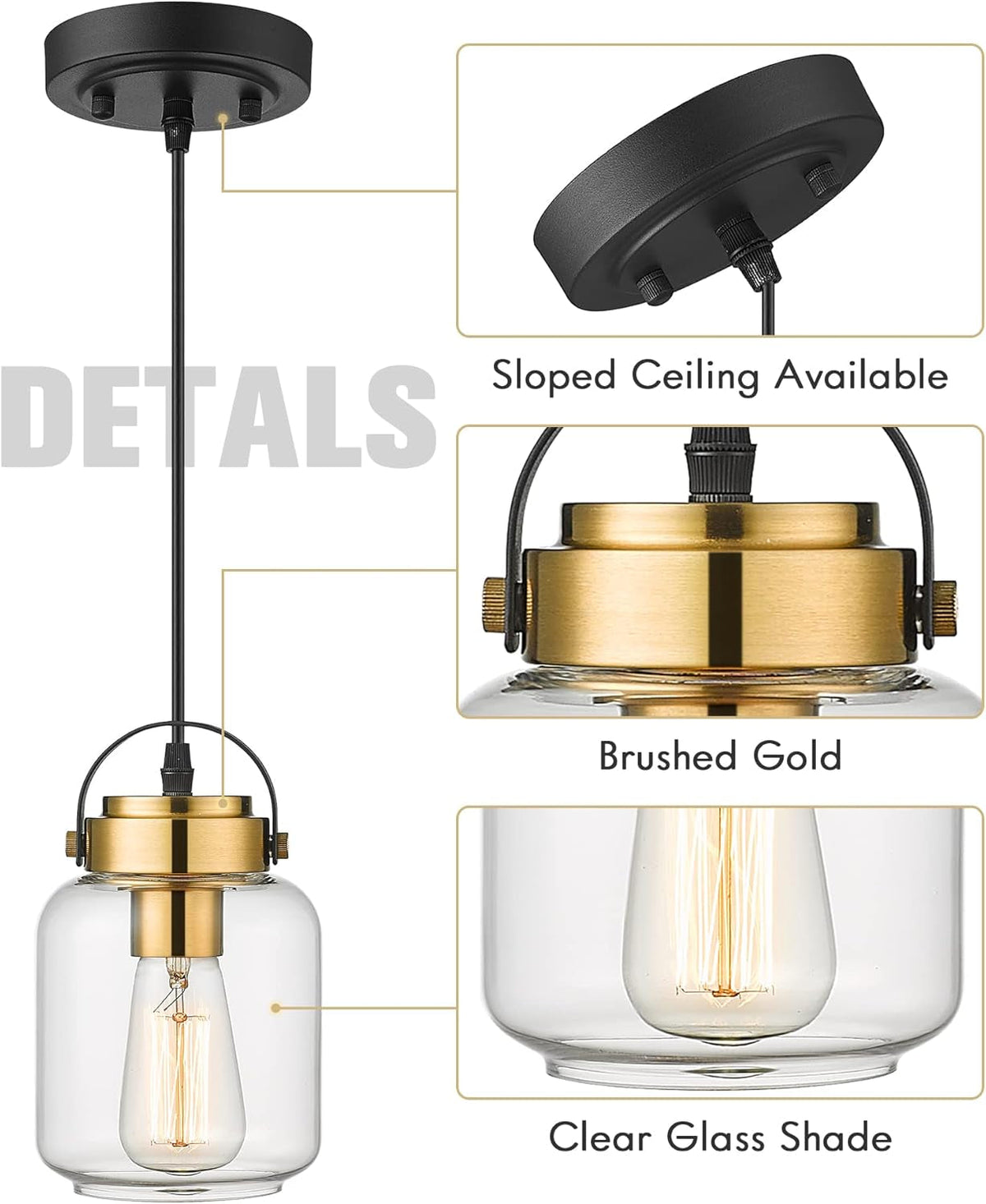HWH Pendant Lights 2 Pack, Modern Glass Hanging Light Fixtures for Kitchen Island, Industrial Island Light for Dining Room, Bedroom, Schoolhouse, Black and Gold Finish, 5HZG61M1L-2 BK+BG