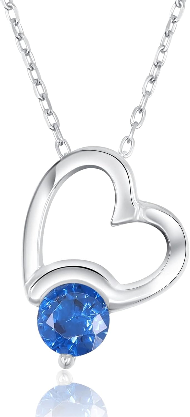 Sterling Silver Necklace for Women with Cubic Zirconia Stone , Heart Pendant Chain Necklace ( Blue Sapphire )