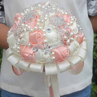 Customizable Charming Wedding Bouquets Diamond Brooch Bride Holding Flowers Cream Rose Ribbon Wedding Decoration Bridesmiad Bouquet