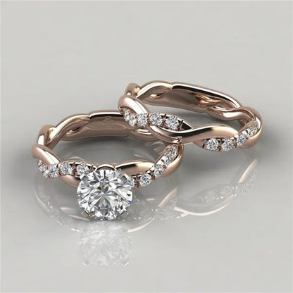 Women's Dainty  Twist Round Cut White Sapphire Ring Set Bridal Engagement Diamond Ring Wedding Band Anniversary Gift Banquet Party Jewelry Ring Size 5-11