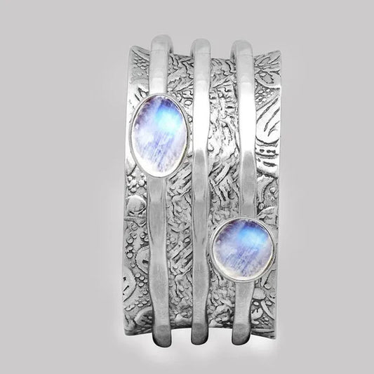 Large 925 Pure Sterling Silver Moonstone Diamond Sculpture Printing Ring Wedding Party Jewelry