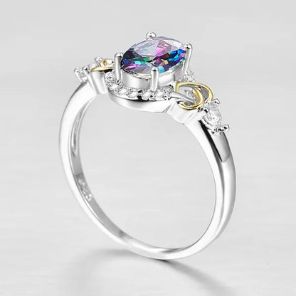 Fashion  Wedding Bride Oval Cut Rainbow Blue Topaz Sapphire Ruby Gemstone Jewelry Ring