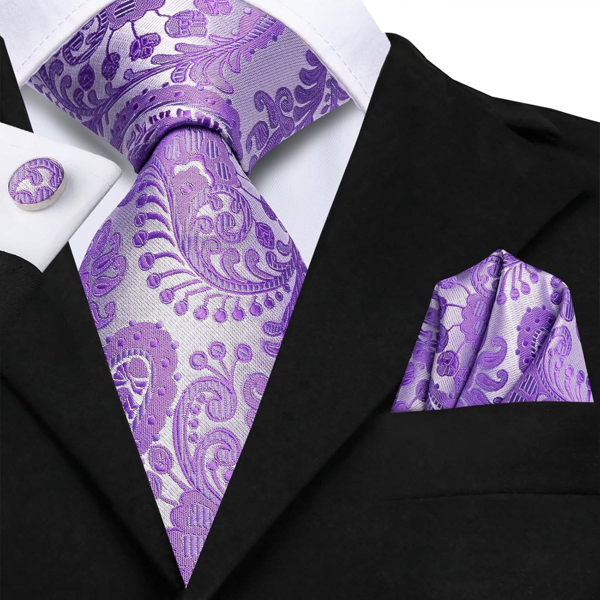 Mens Paisley Floral Silk Tie for Men Striped Necktie and Pocket Square Cufflinks Set Wedding Business
