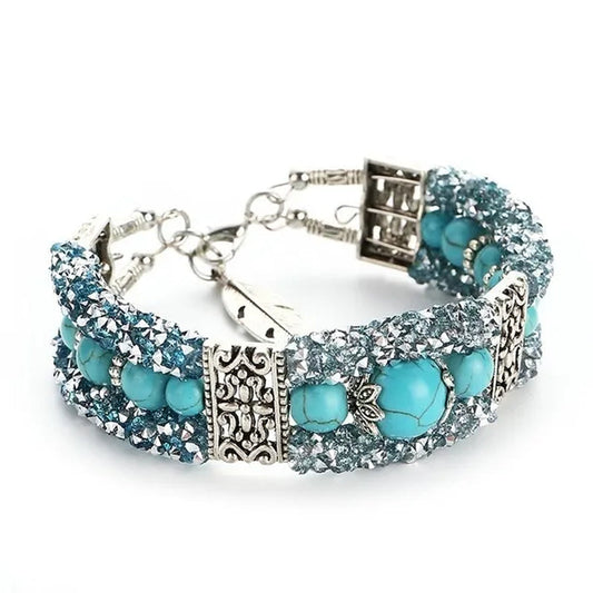 Vintage Tibetan Silver Feather Turquoise Beads Bracelet Bangle Crystal Diamond Turquoise Bangle Women Jewelry Gift