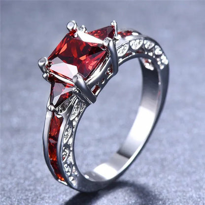 Women silver plated  Princess Cut Garnet Red Ruby Wedding Ring Party Jewelry Gifts Size 4 5 6 7 8 9 10 11