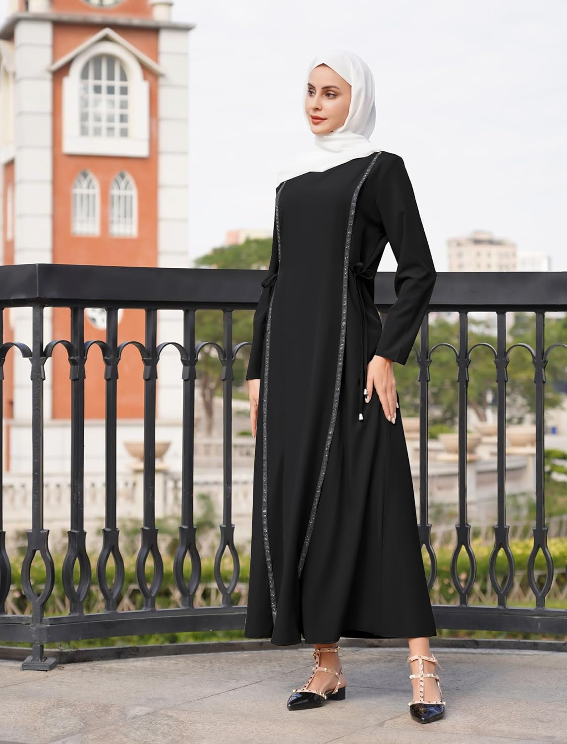 Abay for Women Shiny Self Tie Modest Muslim Dress Ramadan Eid Prayer Clothes Dubai Islamic Jalabiya Arabian Jilbab