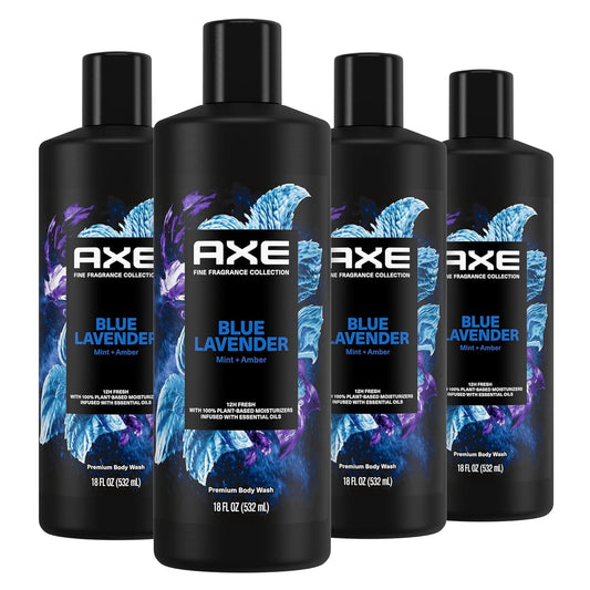 Fine Fragrance Collection Body Wash for Men Blue Lavender 4 Count 12H Refreshing Scent Shower Gel Infused with Lavender, Mint, and Amber Essential Oils 18 Oz