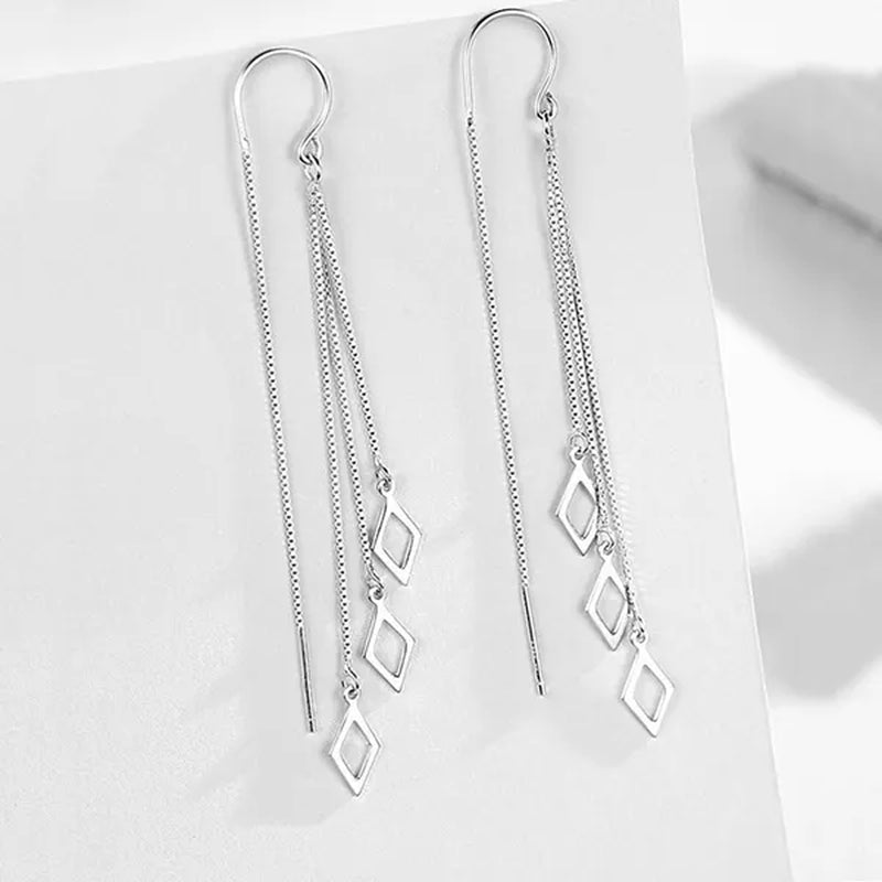 Geometric Rhombus Earrings for Women Temperament Tassel Long Ear Line Earring 925 Sterling Silver Jewelry