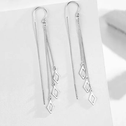 Geometric Rhombus Earrings for Women Temperament Tassel Long Ear Line Earring 925 Sterling Silver Jewelry