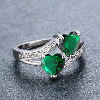 Birthstone rings...romantic double heart cut gemstone blue white opal rainbow topaz crystal ring white gold jewelry