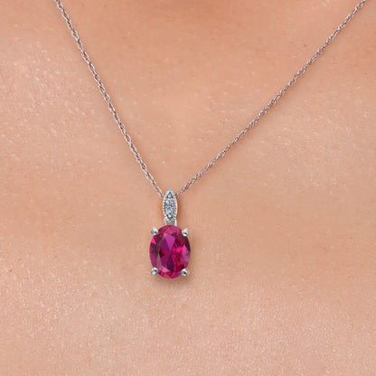 10K White Gold Oval 9X7MM Gemstone Birthstone and Diamond Pendant Necklace for Women with 18 Inch Gold Chain