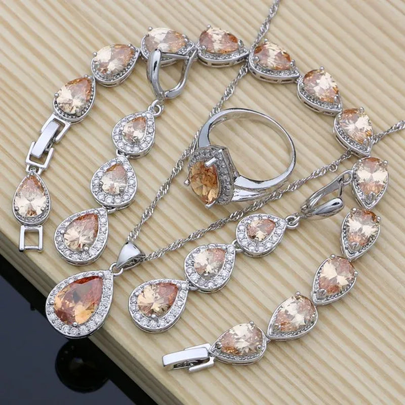 925 Sterling Silver Jewelry Set Natural Champagne Topaz Gemstone Charm for Women Wedding Jewellery
