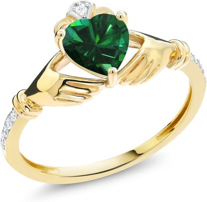 10K Yellow Gold 6MM Heart Shape Gemstone Birthstone and White Diamond Irish Celtic Claddagh Engagement Ring | Gold Ring for Women | Available in Size 5, 6, 7, 8, 9