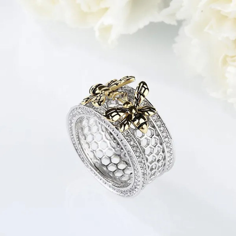 Unique Two Bee Honeycomb Sterling Silver Women's Band Natural White Sapphire Diamond Ring Women's Anniversary Christmas Gift Size 5-11
