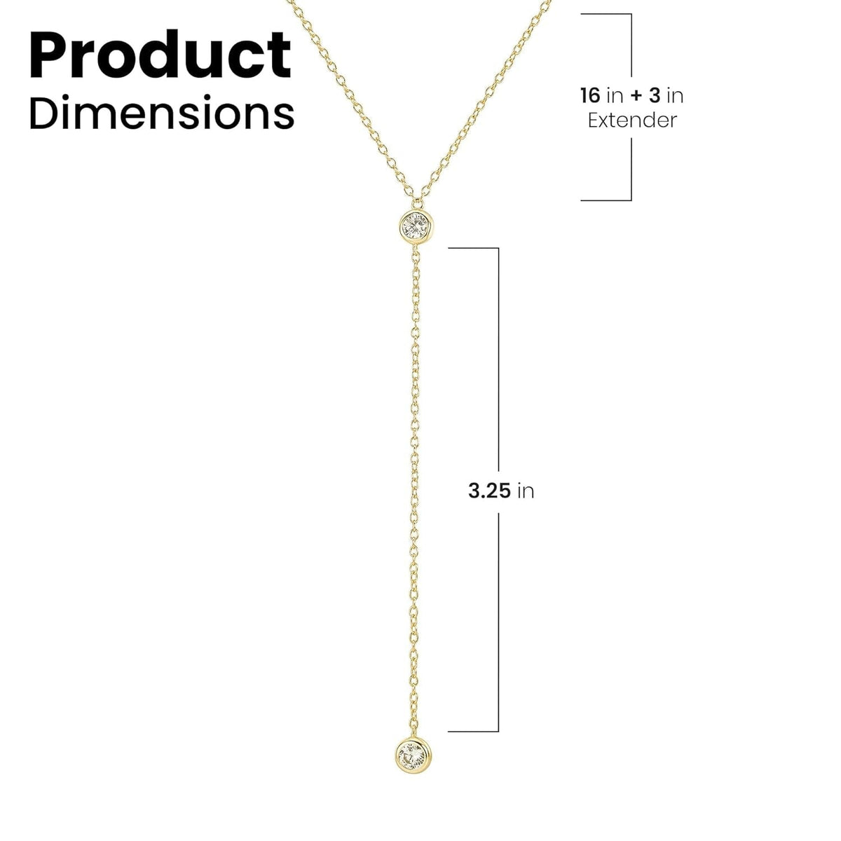 14K Gold Vermeil Lariat Necklace with 2 CZ Diamond in a 3.25" Dainty Drop Pendant, 16" - 19" Gold Dipped Sterling Silver Long Necklace for Women