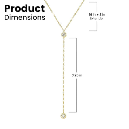 14K Gold Vermeil Lariat Necklace with 2 CZ Diamond in a 3.25" Dainty Drop Pendant, 16" - 19" Gold Dipped Sterling Silver Long Necklace for Women