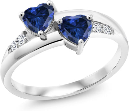 1.30 Cttw Blue Created Sapphire and White Lab Grown Diamond Ring for Women | 925 Sterling Silver | 5MM Heart Shape | Available in Size 5, 6, 7, 8, 9