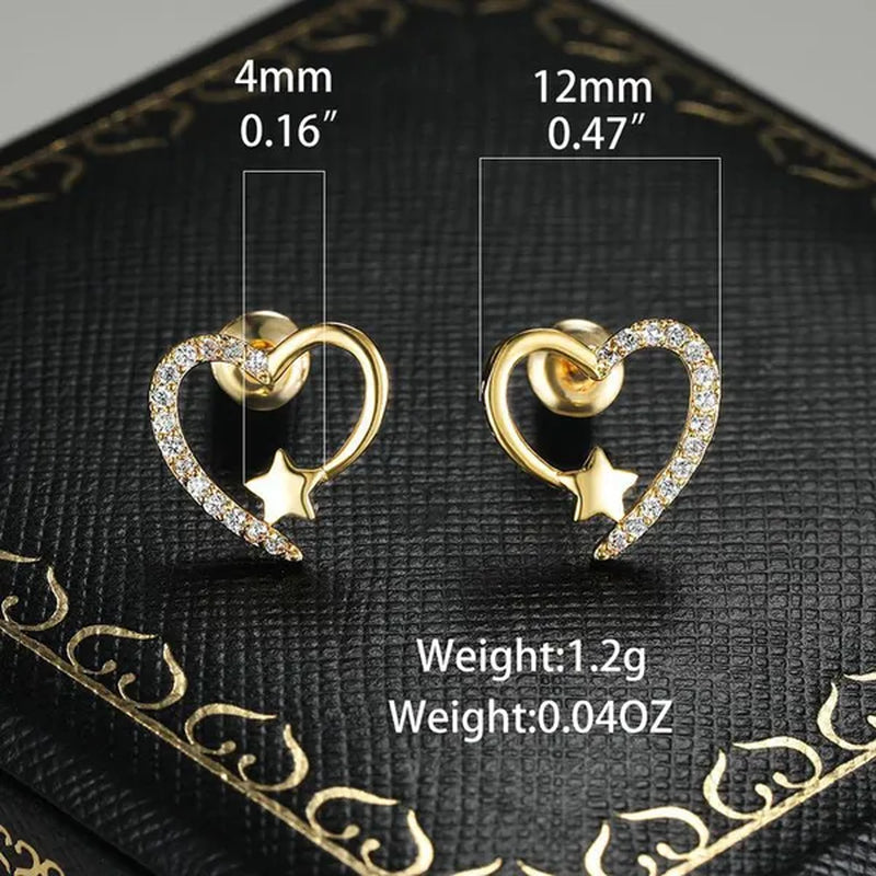 Gold  Love Heart Star White Sapphire Diamond Stud Earrings for Women Wedding Engagement Bride Jewelry Gift