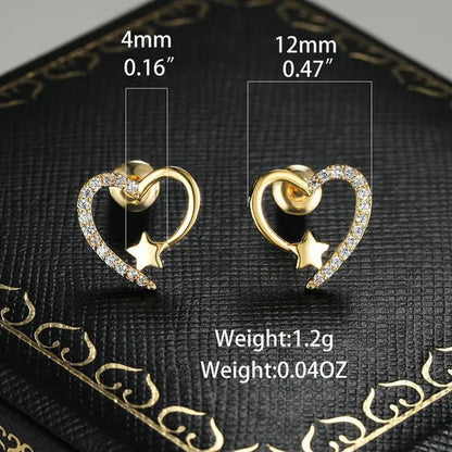 Gold  Love Heart Star White Sapphire Diamond Stud Earrings for Women Wedding Engagement Bride Jewelry Gift