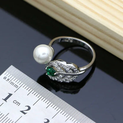 925 Sterling Silver Bridal Jewelry Sets Green Emerald with Pearls Beads Women Wedding Earrings/Pendant/Necklace/Ring/Bracelet