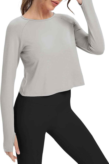 Long Sleeve Athletic Workout Shirts Sports Yoga Gym Crop Tops for Women