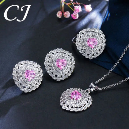 CANDICE 3pcs Love Jewelry Set Micro White CZ Pave Heart Red Crystal Romantic Party Necklace Earrings Ring Sterling Silver Plated Sets for Women Girl Gifts