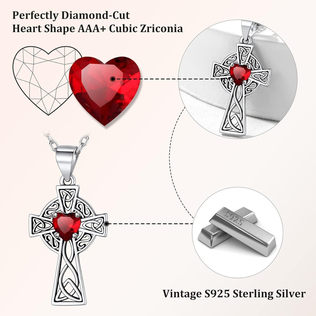 Silver Celtic Cross Necklace with 12 Month Heart Birthstone, Dainty Celtic Birthstone Necklace Silver Chain for Women Faith Irish Amulet Lucky Birthstone Jewelry