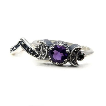 Hecate Triple Moon Ring Set Silver and Black Diamond Engagement Rings  Amethyst or Red Crystal Wedding Ring Unique Moon Goddess Rings for Women Fashion Jewelry Boho & Hippie & Gothic Anniversary Gift