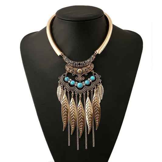 Bohemian Gypsy Ethnic Choker Collar Vintage Leaf Tassel  Maxi Statement Pendant Necklace Jewelry