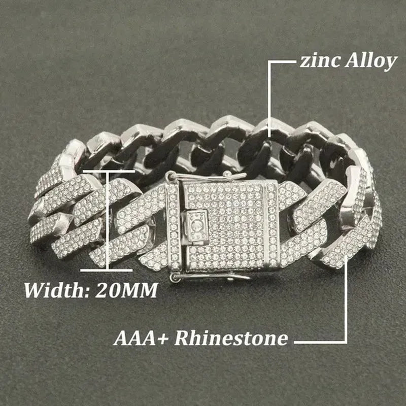 High Quality Fashion Jewelry 20mm Width Hip Hop Cuban Chain Bracelet Silver Gold Iced Out Diamond Cuban Link Bracelet Mens