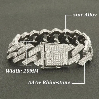 High Quality Fashion Jewelry 20mm Width Hip Hop Cuban Chain Bracelet Silver Gold Iced Out Diamond Cuban Link Bracelet Mens