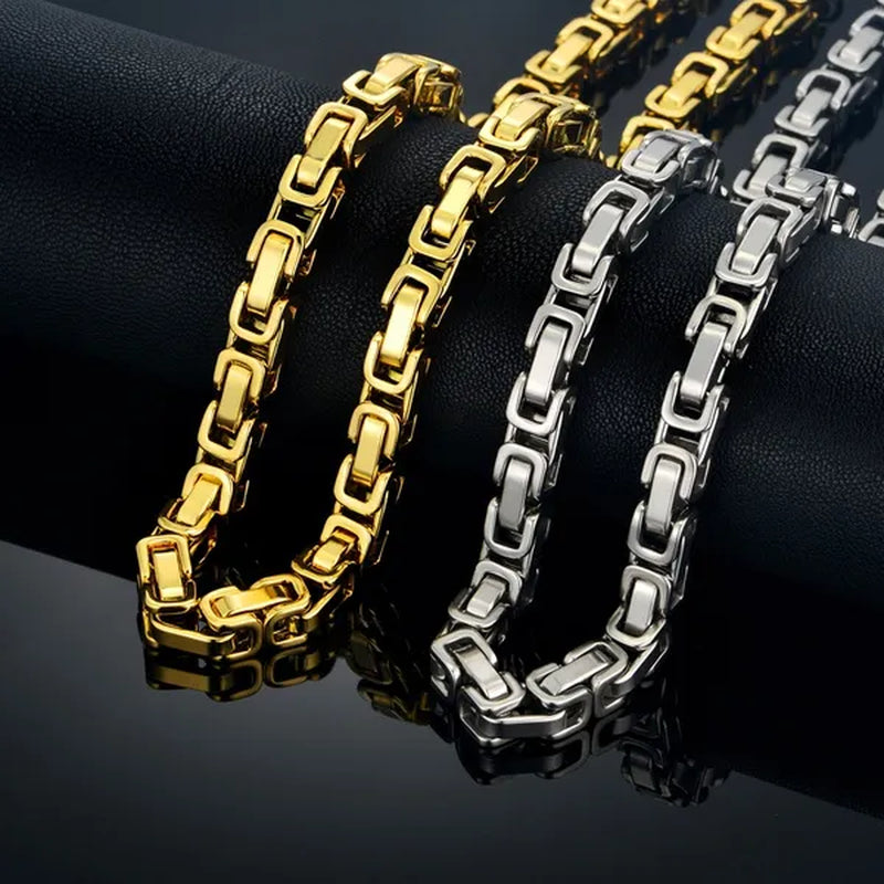 Hip Hop Vintage Silver 18K Gold Plated Chunky Men Titanium Stainless Steel Byzantine Box Necklace Chain 827