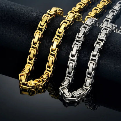 Hip Hop Vintage Silver 18K Gold Plated Chunky Men Titanium Stainless Steel Byzantine Box Necklace Chain 827