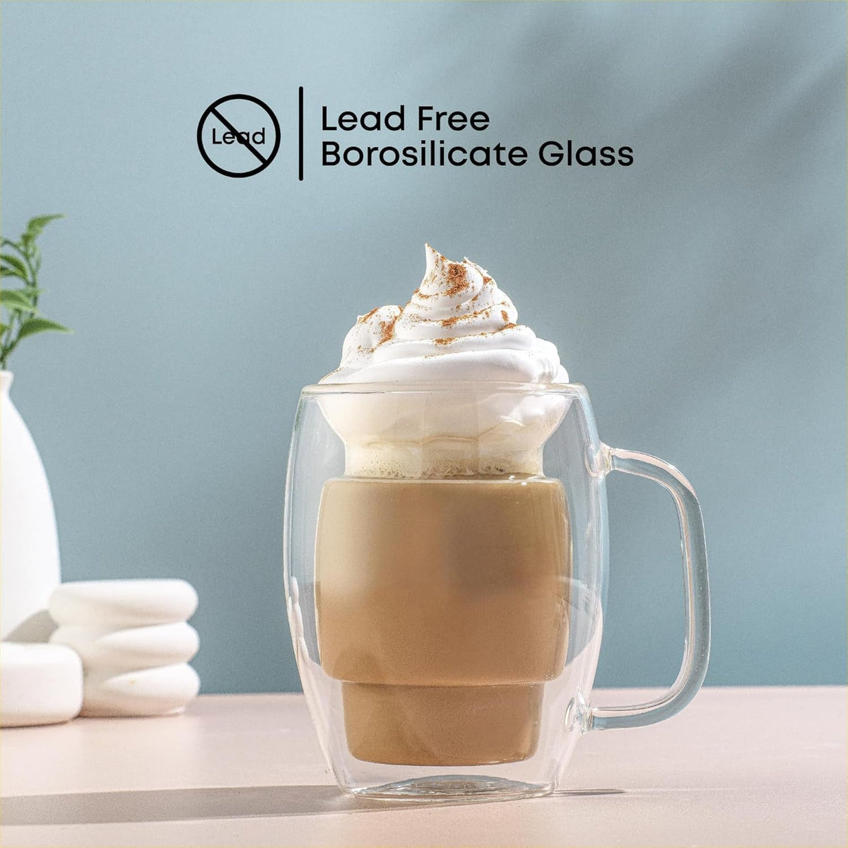 Cadus Glass Coffee Cups Double Wall Insulated Mugs Set of 2 Latte Glasses, 16-Ounces.